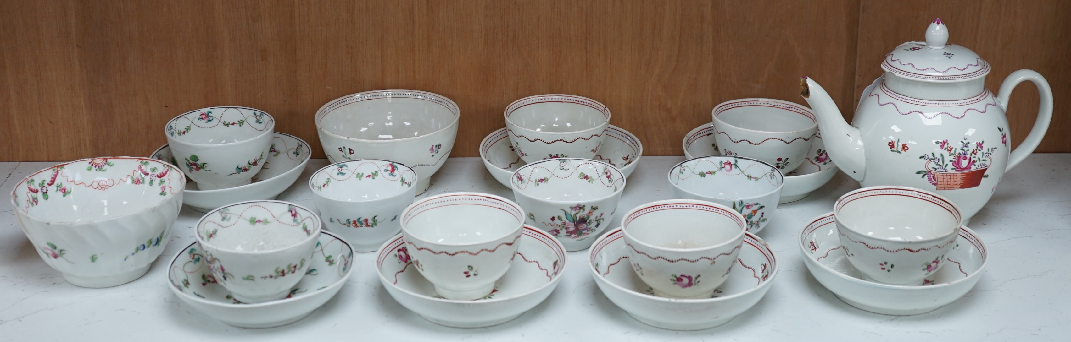 A collection of late 18th century English pearlware and porcelain teawares, Liverpool, Staffordshire, etc. Condition - fair